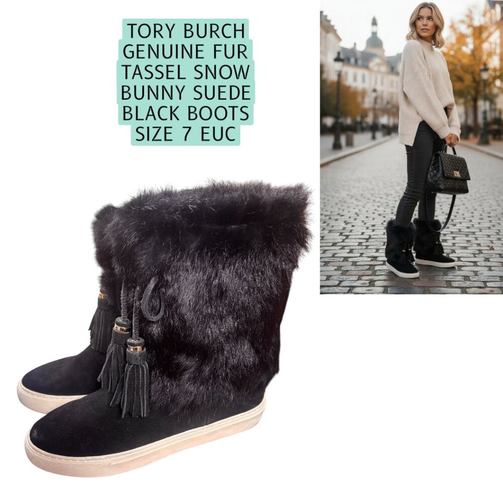 TORY BURCH‎ GENUINE FUR SNOW BUNNY TASSEL SUEDE BLACK BOOTS SIZE 7 EUC